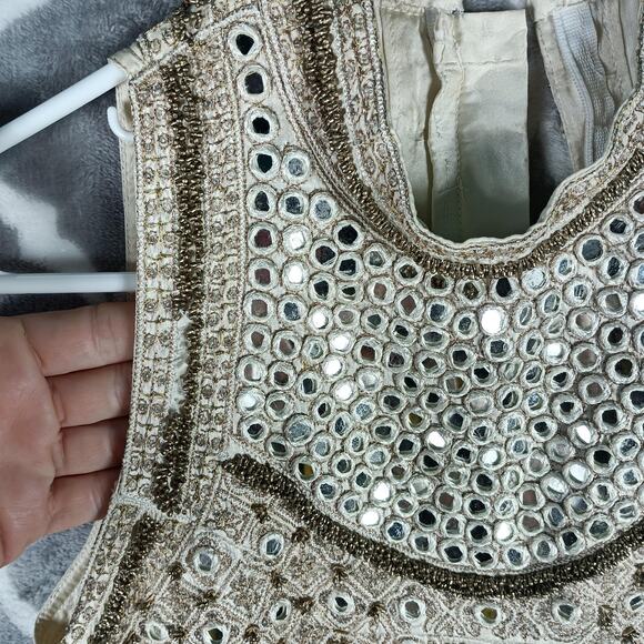 Beaded Mirror Halter Top Women Extra Small Gold Sleeveless Festival Boho Party - Picture 3 of 11